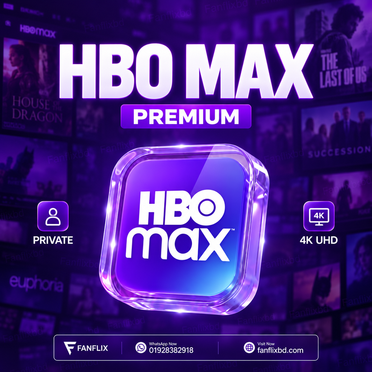 HBO Max subscription in Bangladesh by FanFlix BD, featuring the HBO Max logo and premium streaming service branding.
